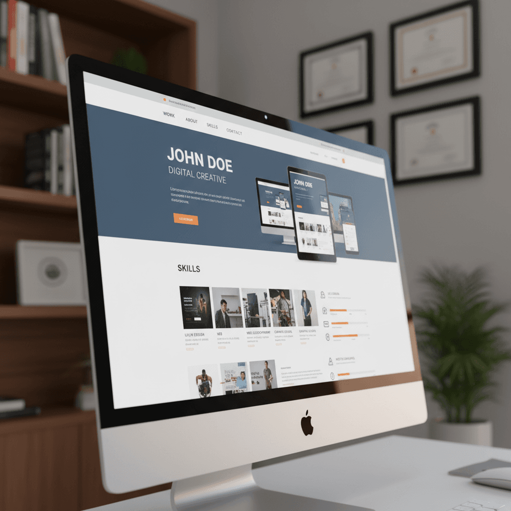 Close-up of computer monitor displaying responsive portfolio website with professional layout and design elements