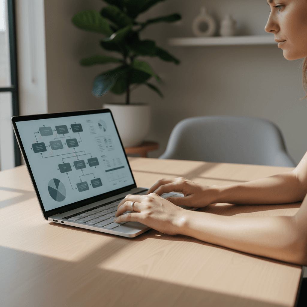Small business owner focused on laptop with automation dashboard displayed, working at minimalist wooden desk with natural window light