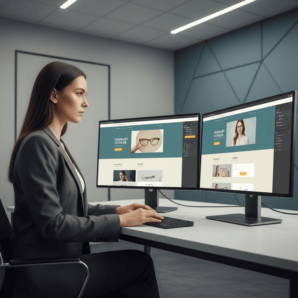 Professional female web developer reviewing responsive website designs on dual monitors in modern office