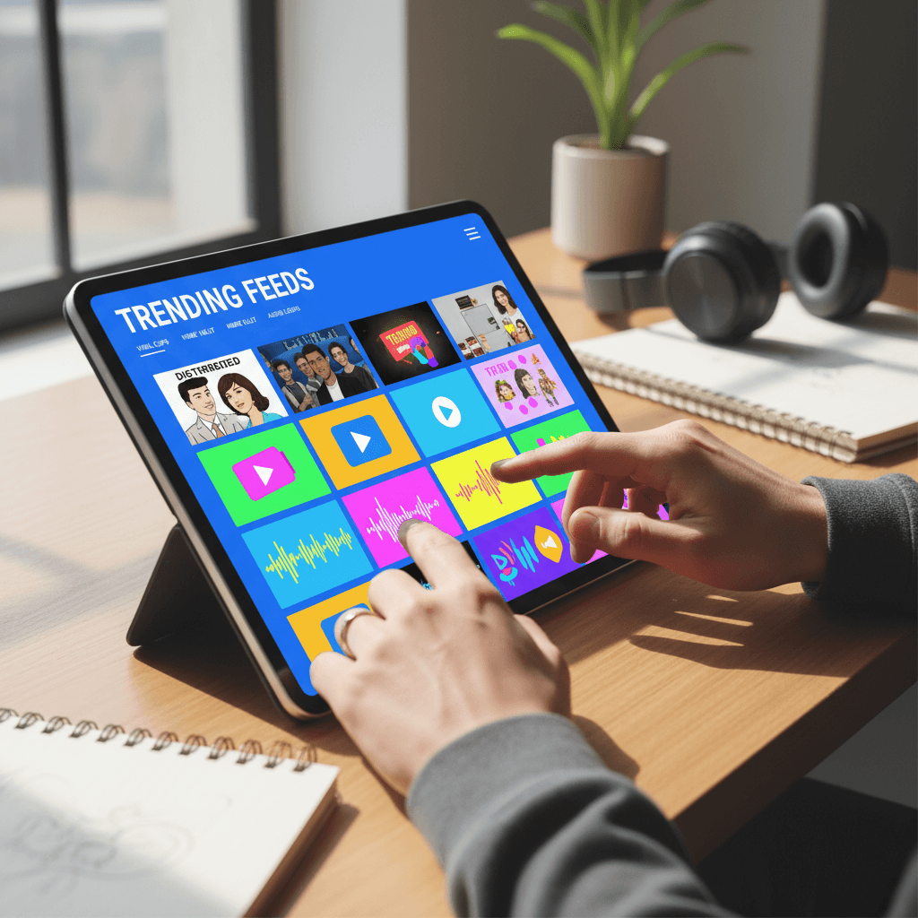 Content creator's hands scrolling through digital library interface displaying viral clips, memes, and audio assets on tablet